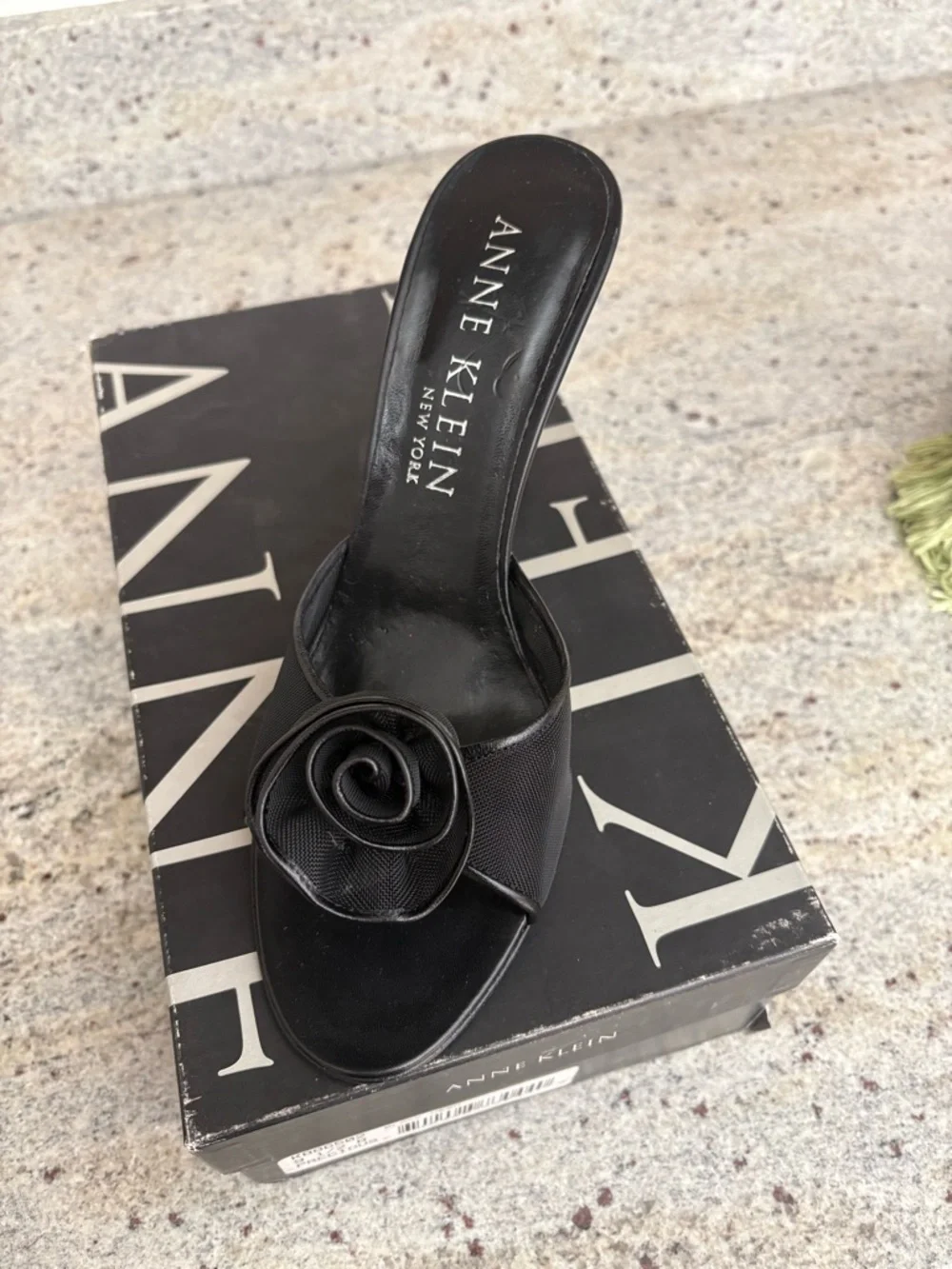 Anne Klein Black Rosette Mesh Slide Heel